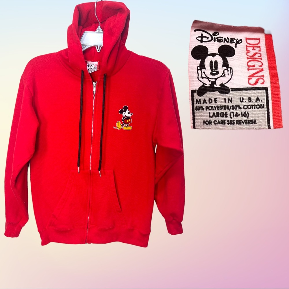 Vintage Red Disney Designs Zip Up Hoodie with Mickey Patch Youth LG 14-16
